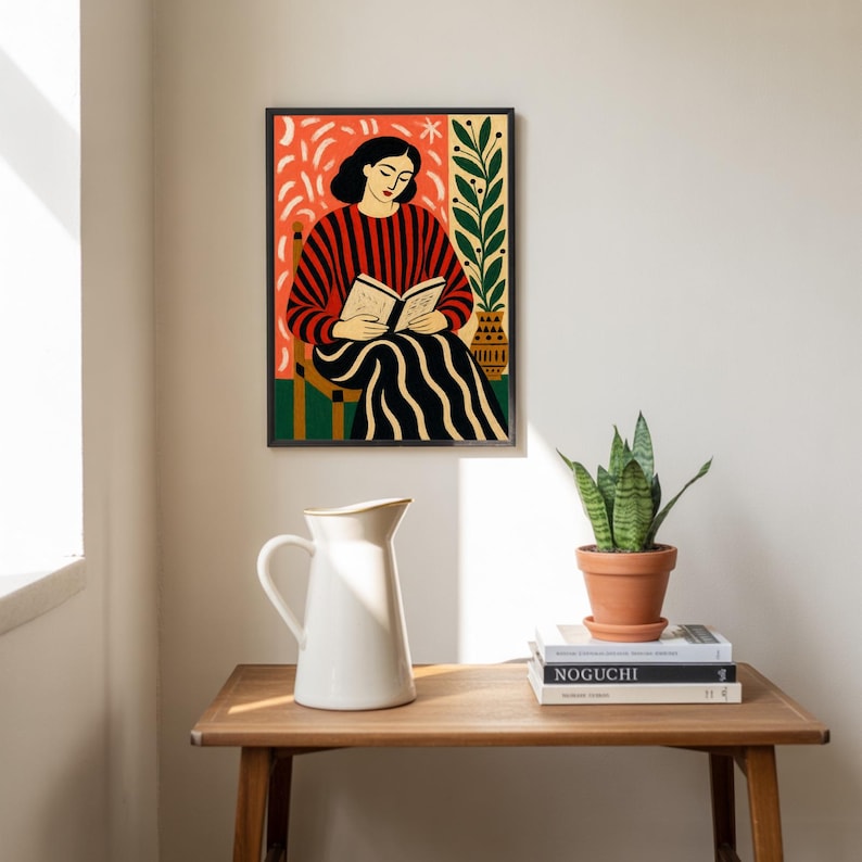 Woman Reading Book Art Print, 70s Retro Poster, Expressionist Figurative Wall Decor image 2