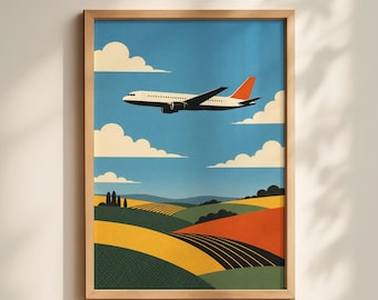 May include: A framed art print featuring a white airplane with an orange tail flying over colorful rolling hills under a blue sky with fluffy white clouds. The artwork has a vintage travel poster style.