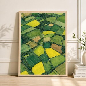May include: A framed aerial photograph of a patchwork of agricultural fields in shades of green and yellow. The fields are divided by lines of trees, creating a geometric pattern. The frame is made of light-colored wood.