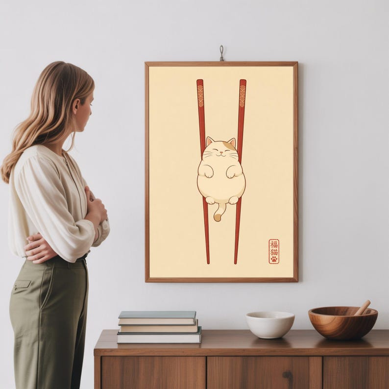 Lámina artística de gato japonés, decoración de pared minimalista zen, póster de palillos con gato imagen 5