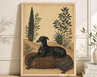 Beige Greyhound, Black Dog Illustration Wall Art, Vintage Boho Interior Poster
