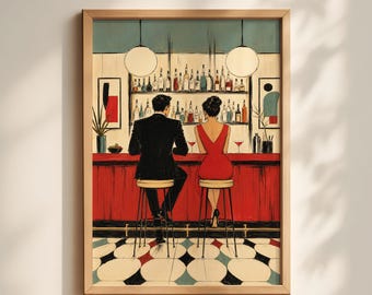Lámina con escena de bar de estilo moderno de mediados de siglo, ideal para decorar paredes.