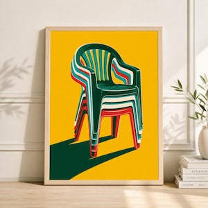 Stampa artistica di sedie da giardino in plastica in stile retrò, Pop Art Mid-Century Modern, serigrafia giallo senape