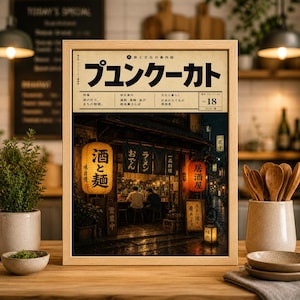 以下が含まれることがあります： 夜の日本のストリートシーンを描いた、木製のフレームに入ったプリント。 居酒屋のイラストで、提灯や日本語のテキストが特徴です。 木製の表面に配置されています。 詳細なイラストです。