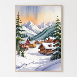 May include: Watercolor painting of a snow-covered village nestled in a mountain valley. The artwork features wooden cabins with snow-covered roofs, surrounded by evergreen trees and snow-covered trails. The sky transitions from orange to blue.