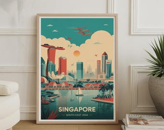 Póster de viaje del paisaje urbano de Singapur: arte mural vibrante del Sudeste Asiático