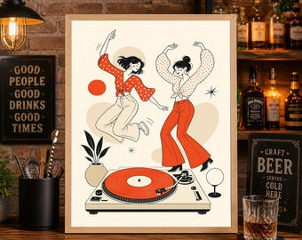 Dancing Couple Retro Record Player Print, Minimalist Music Illustration Home Bar Decor