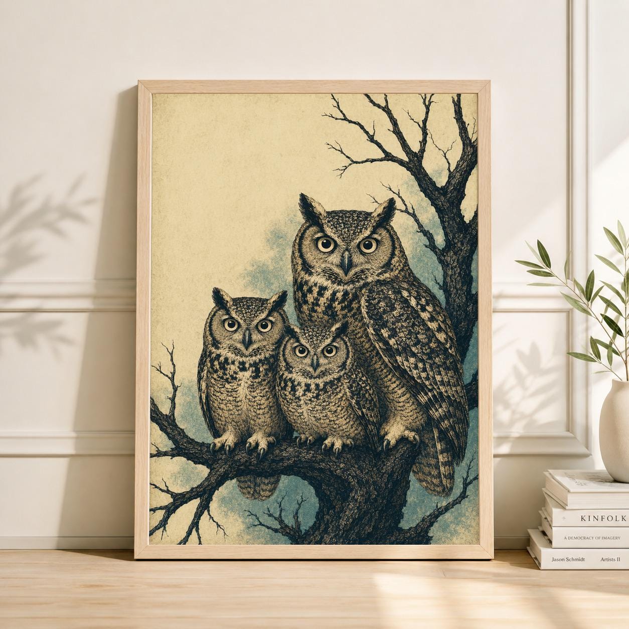 Green Cream Owl Poster | Japanese Style Bird Illustration | Nature Wall Art