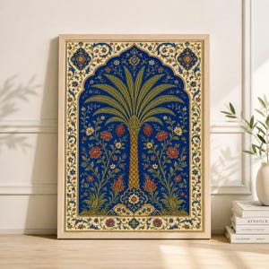 May include: A framed art print featuring a detailed illustration of a palm tree with intricate floral patterns. The artwork showcases a rich blue background with red, yellow, and green accents, all within a light-colored wooden frame. The style is reminiscent of traditional botanical art.
