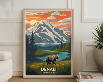 Póster del Parque Nacional Denali: Arte vintage de viajes a Alaska, paisaje de osos