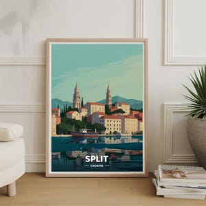 Plakat podróżniczy Split Chorwacja, sztuka ścienna wybrzeża Dalmacji, wydruk z nadmorskim krajobrazem