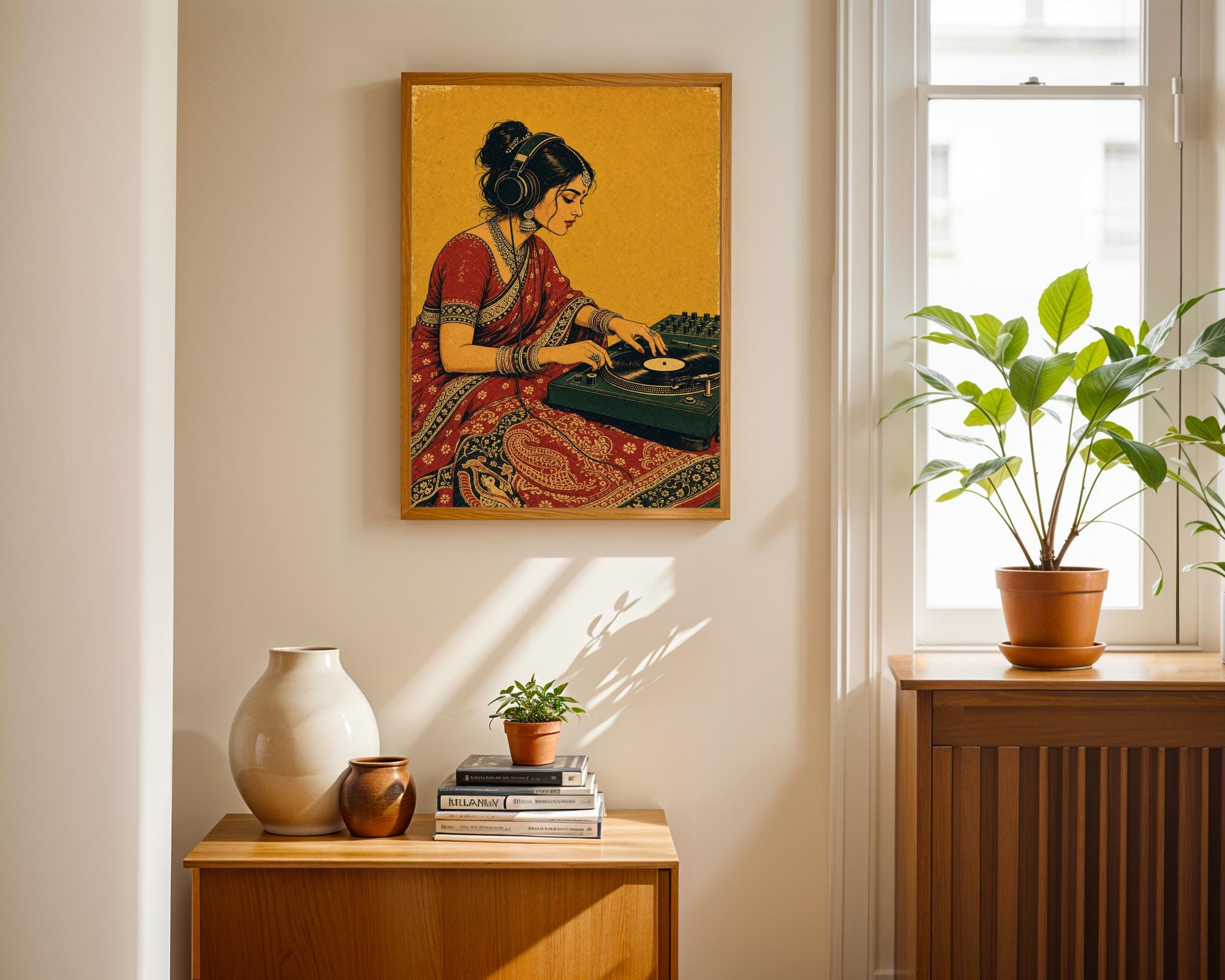 DJ in Sari Poster, Vintage Woodblock Style Illustration, Indian