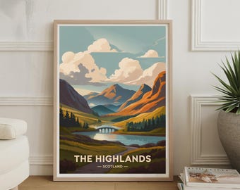 Póster de viaje a las Tierras Altas de Escocia: Impresión artística vintage de Escocia