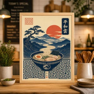 May include: Framed art print featuring a Japanese ramen bowl with noodles, egg, and seaweed. The artwork has a traditional Japanese aesthetic with a red sun, mountains, and a winding river. The frame is a light wood color.