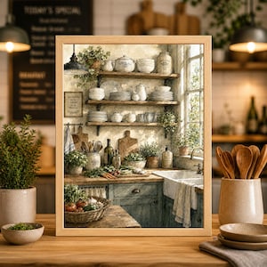 Op de afbeelding: Een ingelijste aquarelprint van een keuken. De print toont planken met wit servies, een gootsteen en een houten aanrecht met een mandje groenten. Het kleurenpalet is zacht, met gedempte blauwen, groenen en bruinen.