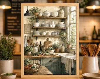 Rustic Kitchen Watercolor Art Print, Cozy Cottagecore Farmhouse Wall Decor
