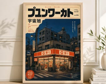 Japanese Red Storefront Poster | Tokyo Night Street Illustration Print | Modern Urban City Wall Art