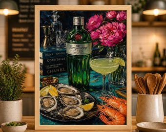 Lámina artística de naturaleza muerta con ginebra y mariscos, póster de ostras, camarones y flores costeras