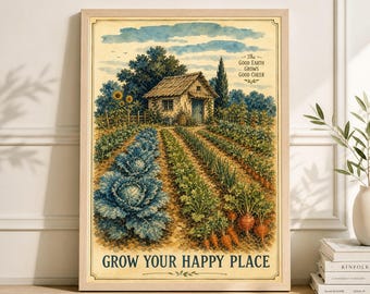 Vegetable Garden Rows Poster, Rural Field Scene, Folk Style Landscape Print