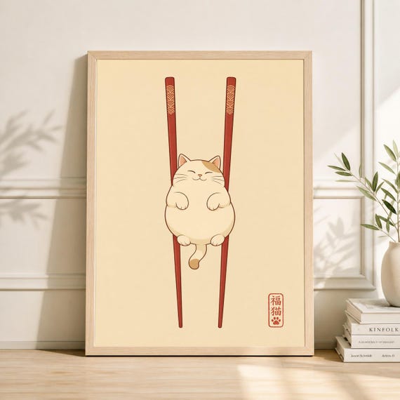 Japanese Cat Art Print, Minimalist Zen Wall Decor, Cat Chopsticks Poster