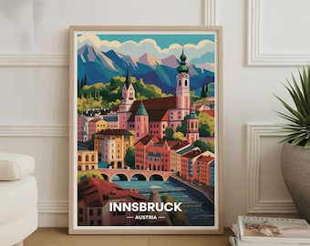 Innsbruck-reisposter Oostenrijk: modern decor uit het midden van de eeuw, levendige stadskunst voor muren thuis en op kantoor