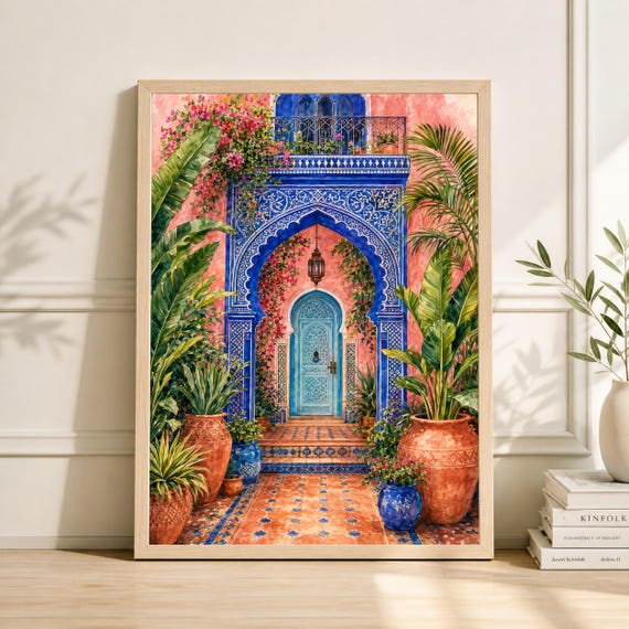 ヴィンテージ ギリシャ製 陶板画 アンジェロ・ツァキラキス 軍馬 アートタイル Moroccan Doorway Watercolor Art Print, Islamic Decor, Botanical
