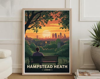 Poster di viaggio vintage di Hampstead Heath: opera d'arte murale con i monumenti di Londra