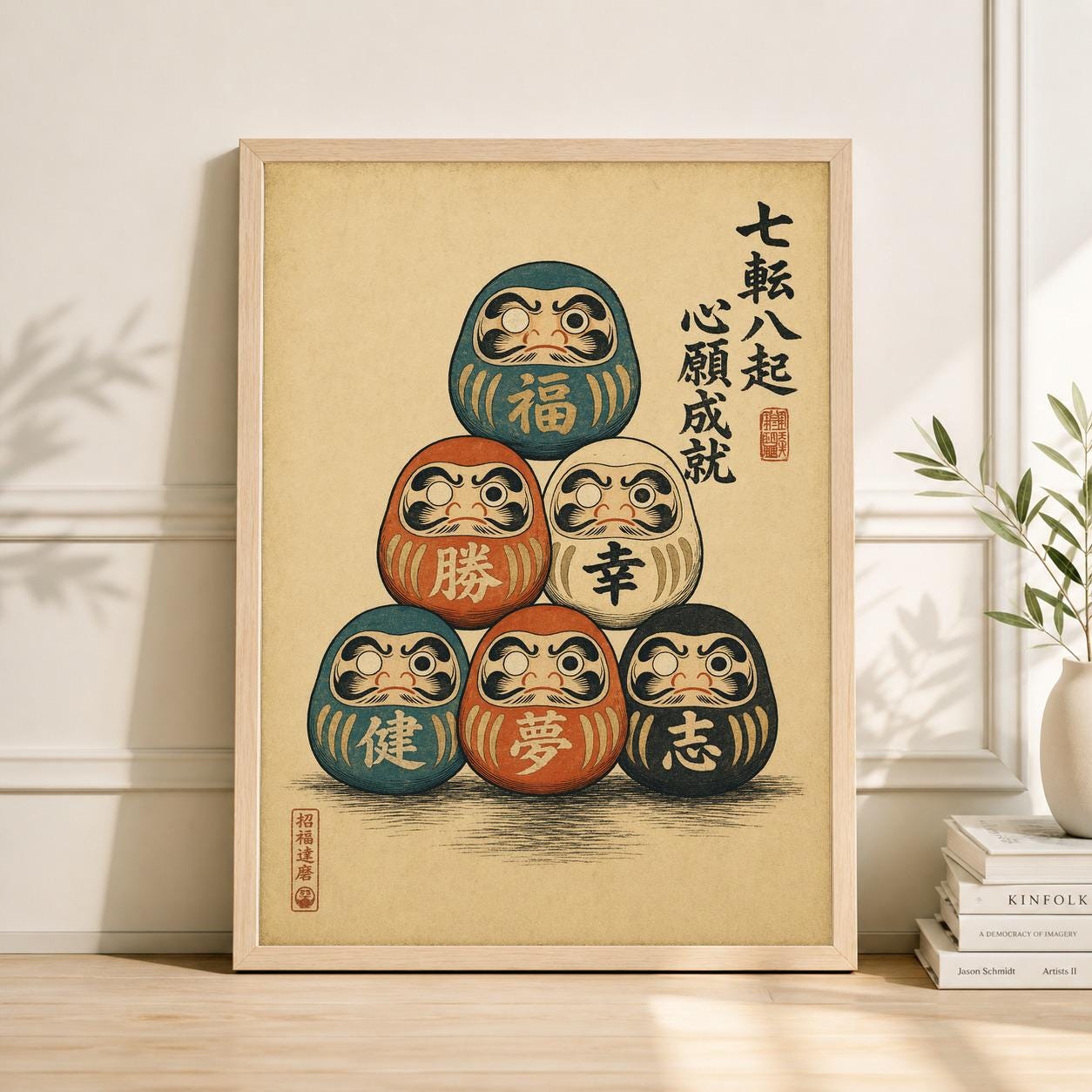 Daruma Doll Japanese Poster Vintage Asian Illustration Colorful