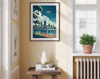 Poster di viaggio di Perth, Australia: arte murale australiana in stile vintage