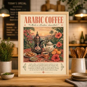 May include: Framed print featuring the words "ARABIC COFFEE" above an illustration of a Middle Eastern coffee setting. The image includes a coffee pot, teapot, cups, oranges, and flowers. The text "Made in Arabia - bismillah!" is also present.