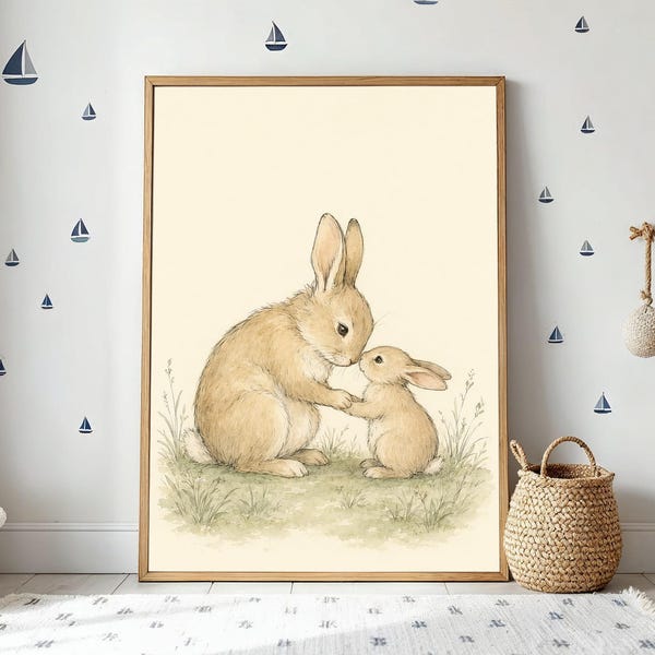 Lámina infantil de conejo, arte mural de conejito del bosque, ilustración en acuarela para padres e hijos.