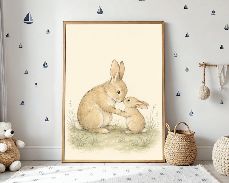 Rabbit Nursery Print, Woodland Bunny Wall Art, Parent and Child Watercolor Illustration image 1