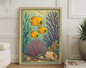 Tropisk fiskposter, vintage marin illustration i gult, lila och blågrönt