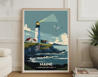 Maine Travel Poster - Portland Bay Lighthouse Art, Coastal Home Office Wall Decor, Nautical Theme