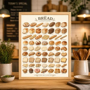 May include: A framed print titled "The Bread Collection" displays illustrations of various bread types, including baguettes, rolls, and loaves. The print is in a light wood frame and is displayed on a wooden surface.