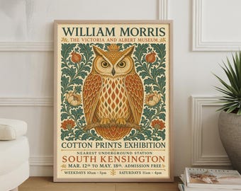 Lámina artística de búho de William Morris, póster vintage de artes botánicas y artesanías.