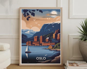 Stampa artistica del paesaggio urbano di Oslo: poster di viaggio in Norvegia, arredamento scandinavo