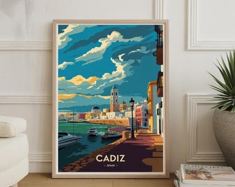 Póster de viaje a Cádiz, España: Impresión artística de acuarela costera
