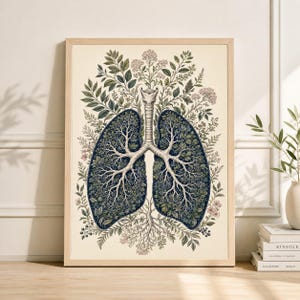 Op de afbeelding: Een ingelijste botanische illustratie van longen, met een gedetailleerde weergave van het ademhalingssysteem. De longen zijn gevuld met een boomachtig patroon, omgeven door groene bladeren en delicate roze bloemen. Het kunstwerk staat tegen een crèmekleurige achtergrond.