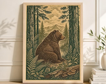 May include: A framed art print featuring a brown bear in a forest setting. The bear is seated, with a detailed illustration of trees, ferns, and mountains in the background. The artwork has a vintage, woodcut style with green and tan tones.