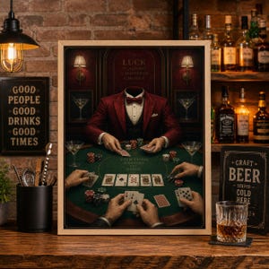 以下が含まれることがあります： ポーカーゲームのシーンを描いた額入りのアートワーク。赤いスーツを着た頭のない人物が、カードとチップが置かれた緑色のフェルトテーブルに座っています。「LUCK IS ALWAYS A MATTER OF CHOICE」の文字が見えます。「GOOD PEOPLE GOOD DRINKS GOOD TIMES」と書かれた看板があります。