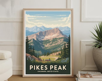 Lámina panorámica de estilo vintage de Pikes Peak, Colorado – Arte mural de aventura