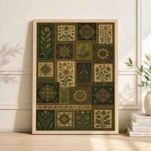 Vintage orientalisk matta lapptäckeposter, grön persisk matta, traditionell textilväggkonst