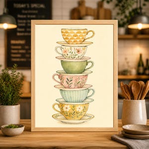 May include: A framed print featuring a stack of six teacups and saucers. The teacups are in various colors, including yellow, pink, green, and blue, each with a unique floral or geometric design. The artwork is set against a cream-colored background.