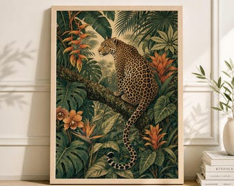 Vintage Jungle Leopard Art Print, Tropical Botanical Wall Decor