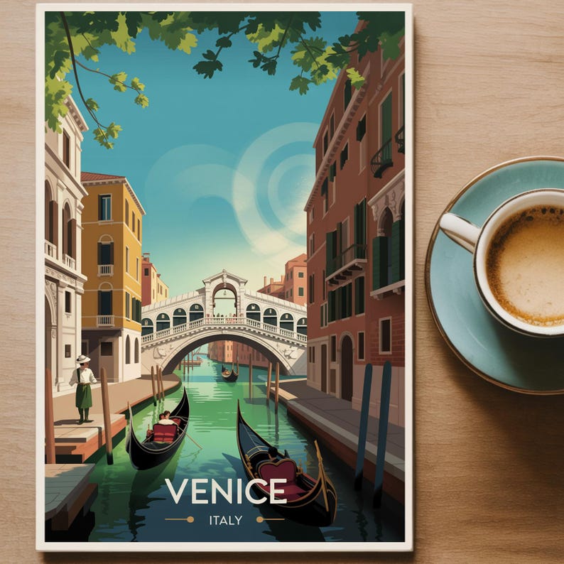 Venice Italy Travel Poster: Vintage Rialto Bridge Watercolor Art image 6