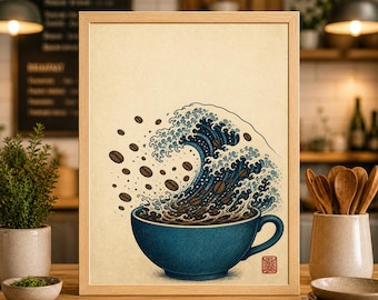 Lámina artística de inspiración japonesa con diseño de olas de café, póster de Blue Cup Ocean Cafe (descarga digital)