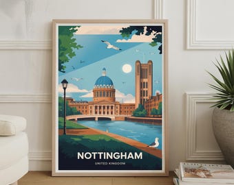 Nottingham Cityscape Art Poster – UK Travel Decor, Modern British Art Print