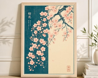 Sakura Kirschblüten Poster | Japanische minimalistische botanische Wandkunst | Türkis-Creme-Blumendruck