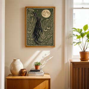 Hare in Moonlit Meadow Poster, Japanese Woodblock Art Print, Linocut Woodland Wall Decor image 6